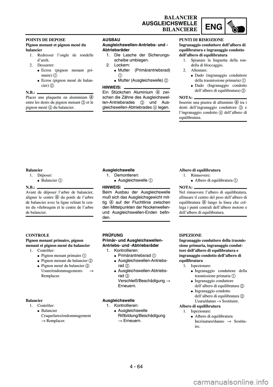 YAMAHA YZ250F 2003  Owners Manual ENG
4 - 64
BALANCIER
AUSGLEICHSWELLE
BILANCIERE
AUSBAU
Ausgleichswellen-Antriebs- und -
Abtriebsräder
1. Die Lasche der Sicherungs-
scheibe umbiegen.
2. Lockern:
Mutter (Primärantriebsrad)
1 
Mutt
