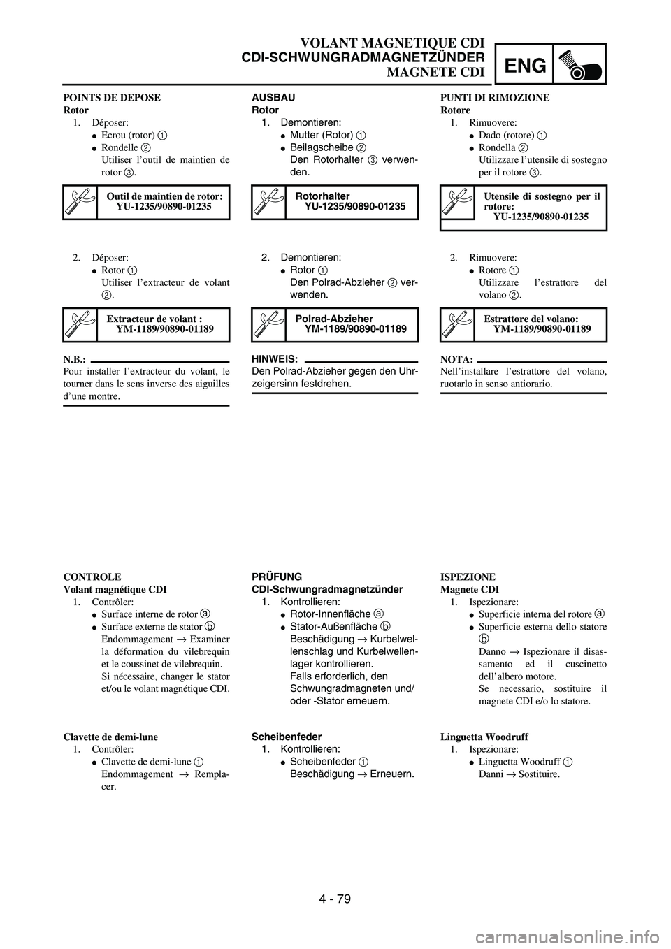YAMAHA YZ250F 2003  Owners Manual ENG
4 - 79
VOLANT MAGNETIQUE CDI
CDI-SCHWUNGRADMAGNETZÜNDER
MAGNETE CDI
AUSBAU
Rotor
1. Demontieren:
Mutter (Rotor) 1 
Beilagscheibe 2 
Den Rotorhalter 3 verwen-
den.
Rotorhalter
YU-1235/90890-0123