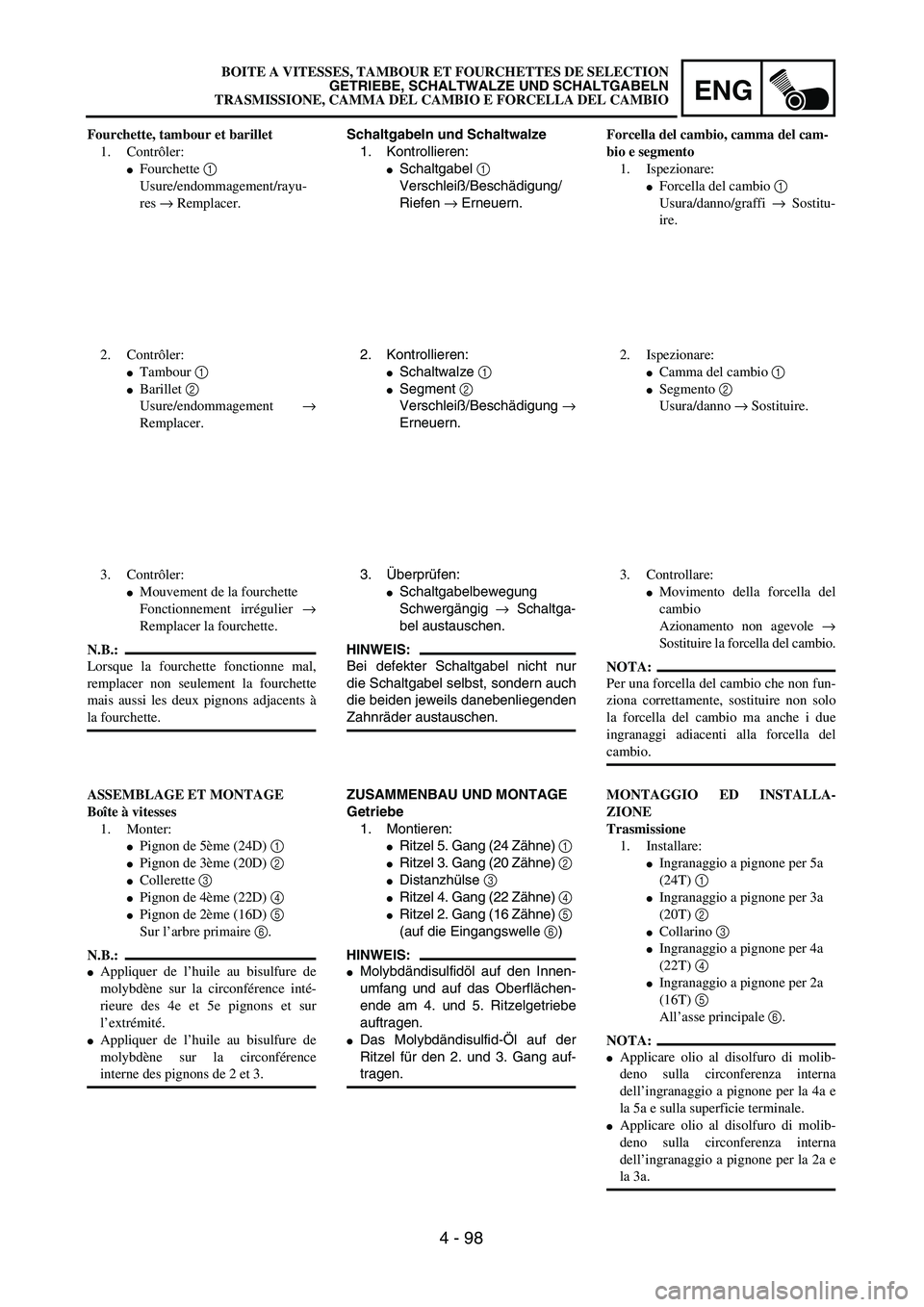 YAMAHA YZ250F 2003  Owners Manual ENG
4 - 98
Schaltgabeln und Schaltwalze
1. Kontrollieren:
Schaltgabel 1 
Verschleiß/Beschädigung/
Riefen → Erneuern.
2. Kontrollieren:
Schaltwalze 1 
Segment 2
Verschleiß/Beschädigung →
Ern