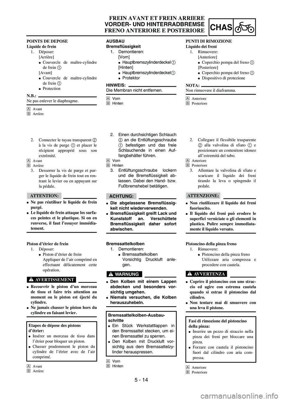 YAMAHA YZ250F 2003  Owners Manual 5 - 14
CHAS
FREIN AVANT ET FREIN ARRIERE
VORDER- UND HINTERRADBREMSE
FRENO ANTERIORE E POSTERIORE
AUSBAU
Bremsflüssigkeit
1. Demontieren:
[Vorn]
Hauptbremszylinderdeckel 1 
[Hinten]
Hauptbremszylin