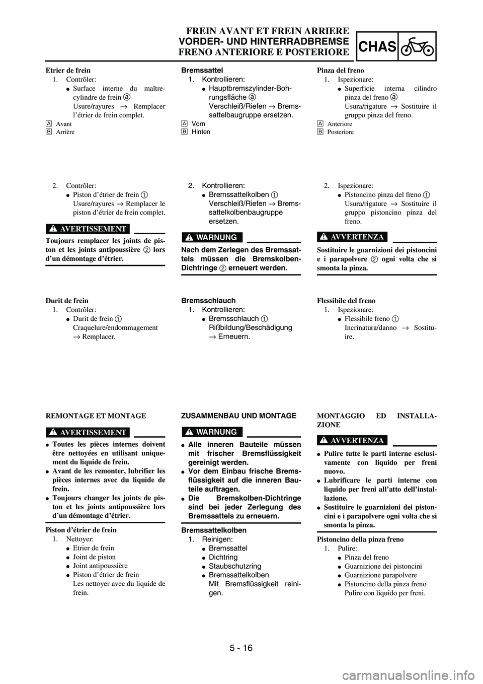 YAMAHA YZ250F 2003  Owners Manual  
5 - 16
CHAS
 
Bremssattel  
1. Kontrollieren: 
 
Hauptbremszylinder-Boh-
rungsfläche   
a  
 
Verschleiß/Riefen   
→  
 Brems-
sattelbaugruppe ersetzen. 
Å  
Vorn  
ı  
Hinten 
2. Kontrollier