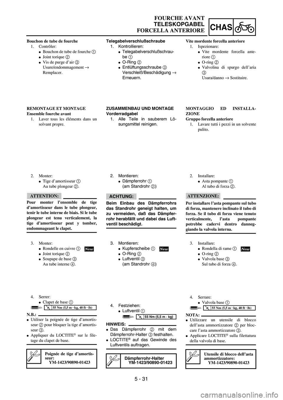 YAMAHA YZ250F 2003  Owners Manual  
5 - 31
CHAS
 
Telegabelverschlußschraube  
1. Kontrollieren: 
 
Telegabelverschlußschrau-
be   
1  
  
 
O-Ring   
2  
  
 
Entlüftungsschraube   
3  
 
Verschleiß/Beschädigung   
→  
Erne