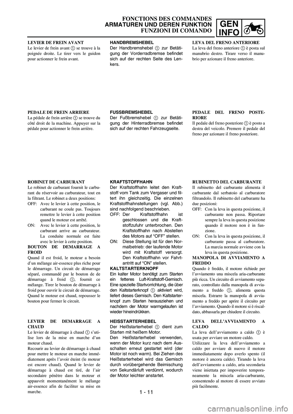 YAMAHA YZ250F 2003 Owners Manual GEN
INFO
FONCTIONS DES COMMANDES
ARMATUREN UND DEREN FUNKTION
FUNZIONI DI COMANDO
HANDBREMSHEBEL
Der Handbremshebel 1 zur Betäti-
gung der Vorderradbremse befindet
sich auf der rechten Seite des Len- YAMAHA YZ250F 2003 Owners Manual GEN
INFO
FONCTIONS DES COMMANDES
ARMATUREN UND DEREN FUNKTION
FUNZIONI DI COMANDO
HANDBREMSHEBEL
Der Handbremshebel 1 zur Betäti-
gung der Vorderradbremse befindet
sich auf der rechten Seite des Len-