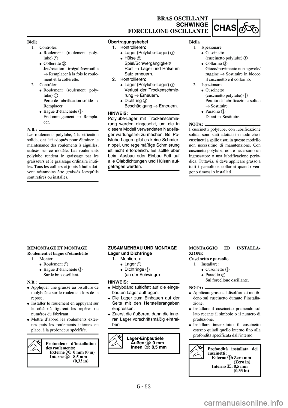 YAMAHA YZ250F 2003  Owners Manual 5 - 53
CHAS
BRAS OSCILLANT
SCHWINGE
FORCELLONE OSCILLANTE
Übertragungshebel
1. Kontrollieren:
Lager (Polylube-Lager) 1 
Hülse 2 
Spiel/Schwergängigkeit/
Rost → Lager und Hülse im
Satz erneuern