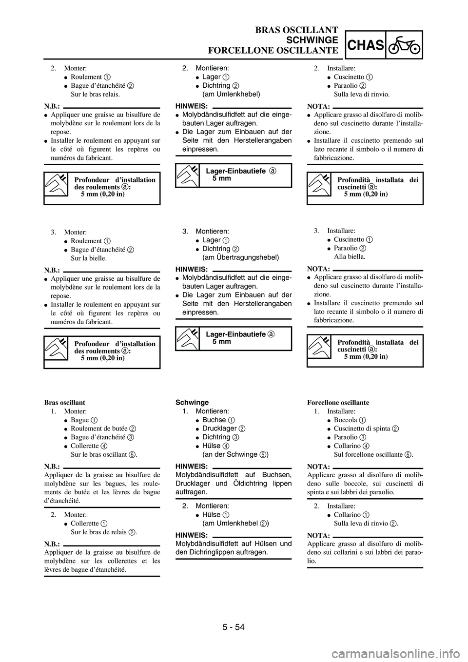 YAMAHA YZ250F 2003  Owners Manual 5 - 54
CHAS
BRAS OSCILLANT
SCHWINGE
FORCELLONE OSCILLANTE
2. Montieren:
Lager 1 
Dichtring 2 
(am Umlenkhebel)
HINWEIS:
Molybdändisulfidfett auf die einge-
bauten Lager auftragen.
Die Lager zum E