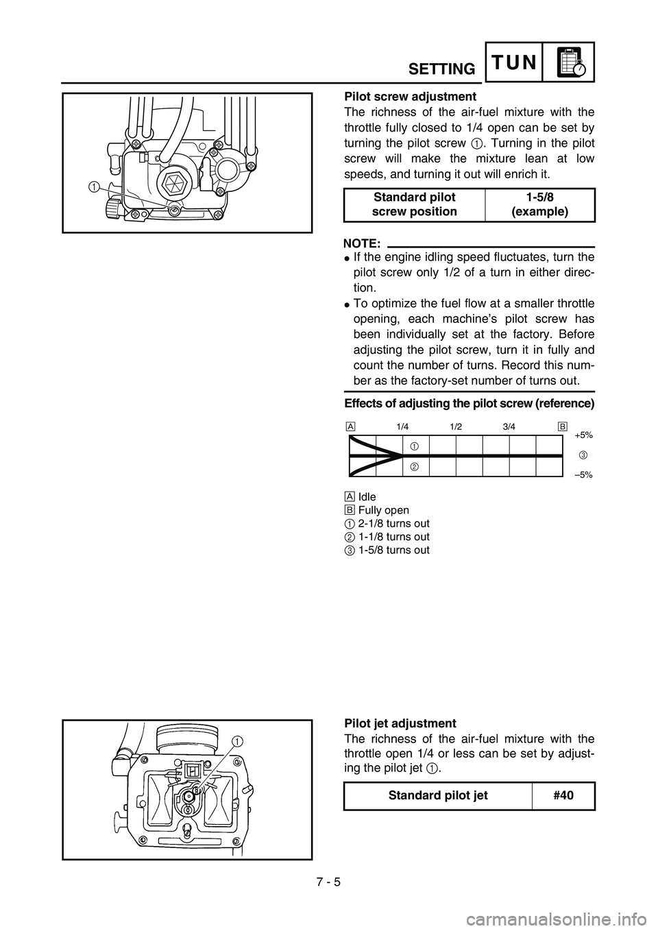 YAMAHA YZ250F 2003  Owners Manual 7 - 5
TUNSETTING
Pilot screw adjustment
The richness of the air-fuel mixture with the
throttle fully closed to 1/4 open can be set by
turning the pilot screw 1. Turning in the pilot
screw will make th