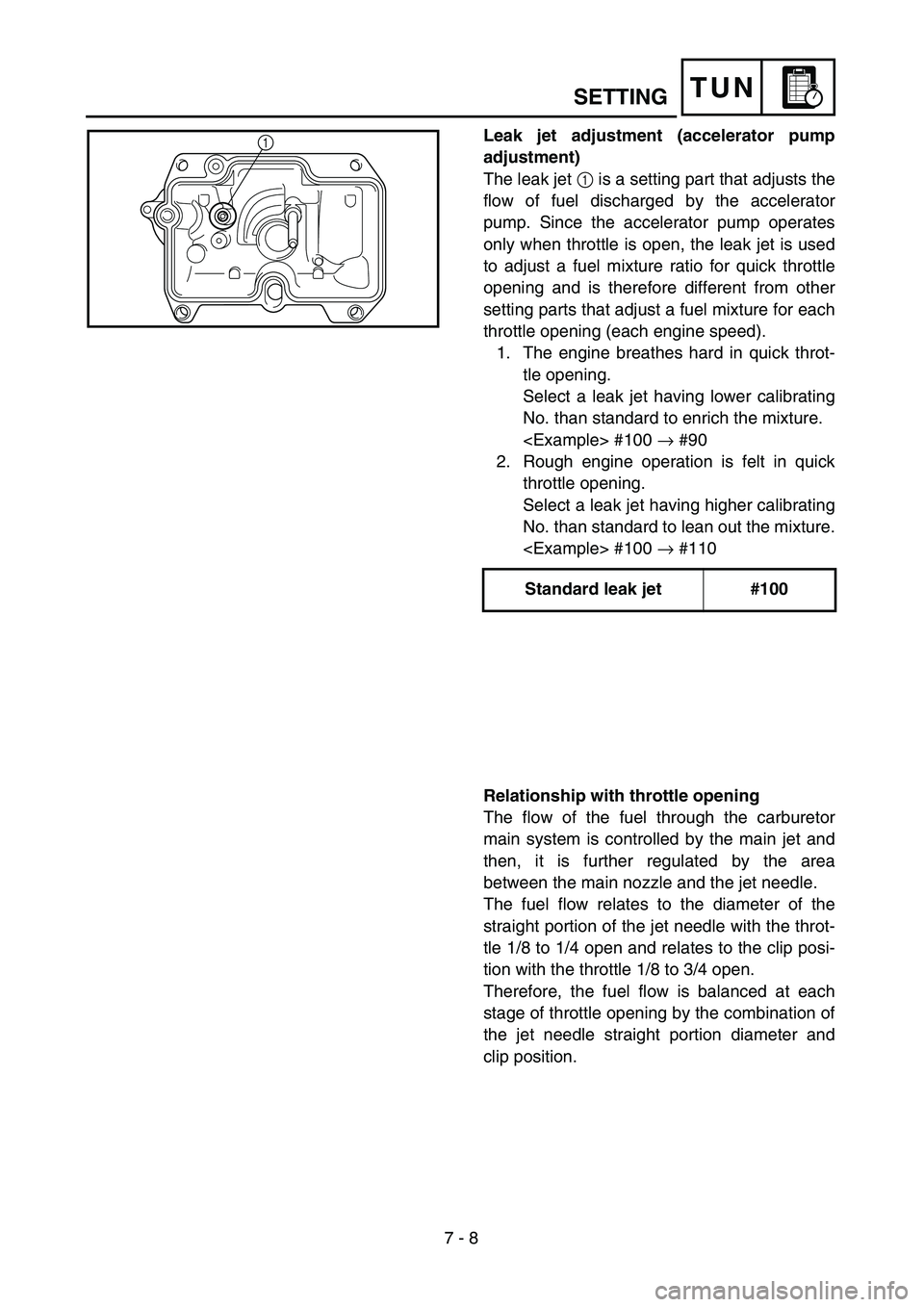 YAMAHA YZ250F 2003 Notices Demploi (in French) 7 - 8
TUN
Leak jet adjustment (accelerator pump
adjustment)
The leak jet 1 is a setting part that adjusts the
flow of fuel discharged by the accelerator
pump. Since the accelerator pump operates
only YAMAHA YZ250F 2003 Notices Demploi (in French) 7 - 8
TUN
Leak jet adjustment (accelerator pump
adjustment)
The leak jet 1 is a setting part that adjusts the
flow of fuel discharged by the accelerator
pump. Since the accelerator pump operates
only