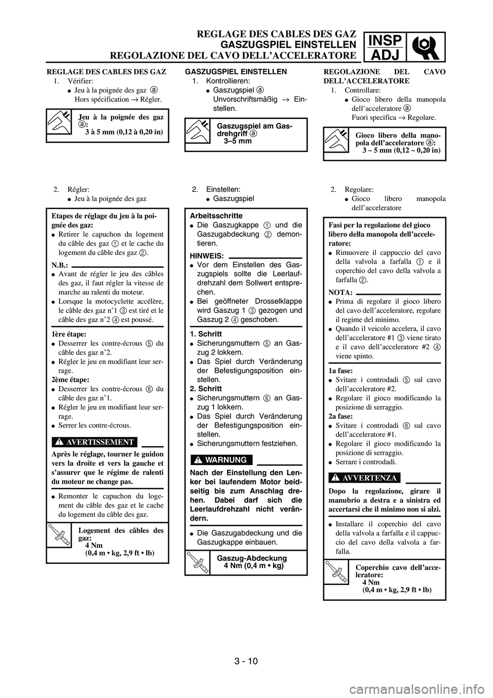 YAMAHA YZ250F 2002  Manuale duso (in Italian) INSP
ADJREGLAGE DES CABLES DES GAZ
GASZUGSPIEL EINSTELLEN
REGOLAZIONE DEL CAVO DELL’ACCELERATORE
GASZUGSPIEL EINSTELLEN
1. Kontrollieren:
Gaszugspiel a 
Unvorschriftsmäßig → Ein-
stellen.
Gaszu