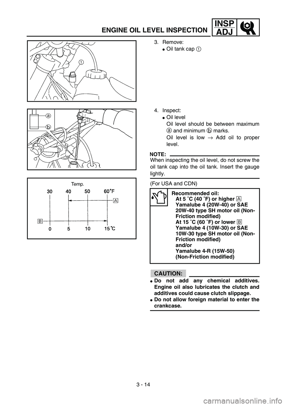 YAMAHA YZ250F 2002 Service Manual 3 - 14
INSP
ADJ
3. Remove:
Oil tank cap 1 
4. Inspect:
Oil level
Oil level should be between maximum
a and minimum b marks.
Oil level is low → Add oil to proper
level.
NOTE:
When inspecting the oi