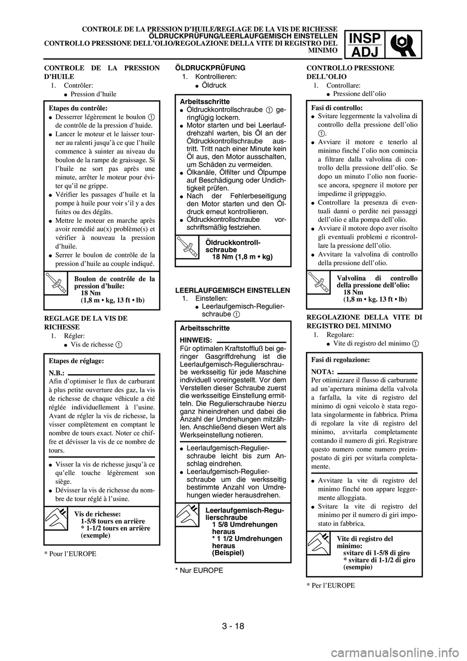 YAMAHA YZ250F 2002  Manuale duso (in Italian) INSP
ADJ
CONTROLE DE LA PRESSION D’HUILE/REGLAGE DE LA VIS DE RICHESSE
ÖLDRUCKPRÜFUNG/LEERLAUFGEMISCH EINSTELLEN
CONTROLLO PRESSIONE DELL’OLIO/REGOLAZIONE DELLA VITE DI REGISTRO DEL
MINIMO
ÖLDR