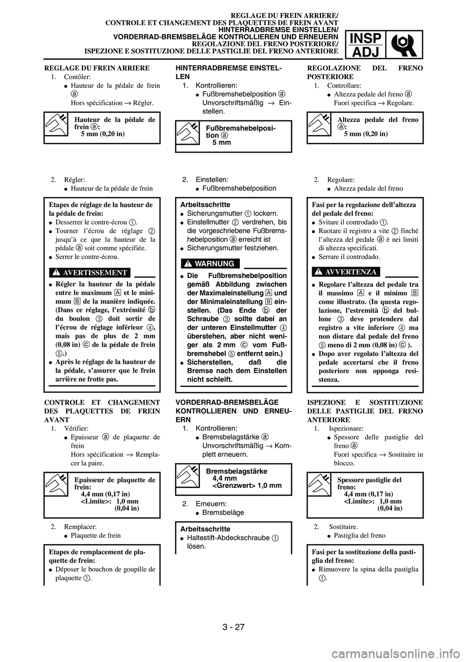 YAMAHA YZ250F 2002  Manuale duso (in Italian) INSP
ADJ
REGLAGE DU FREIN ARRIERE/
CONTROLE ET CHANGEMENT DES PLAQUETTES DE FREIN AVANT
HINTERRADBREMSE EINSTELLEN/
VORDERRAD-BREMSBELÄGE KONTROLLIEREN UND ERNEUERN
REGOLAZIONE DEL FRENO POSTERIORE/
