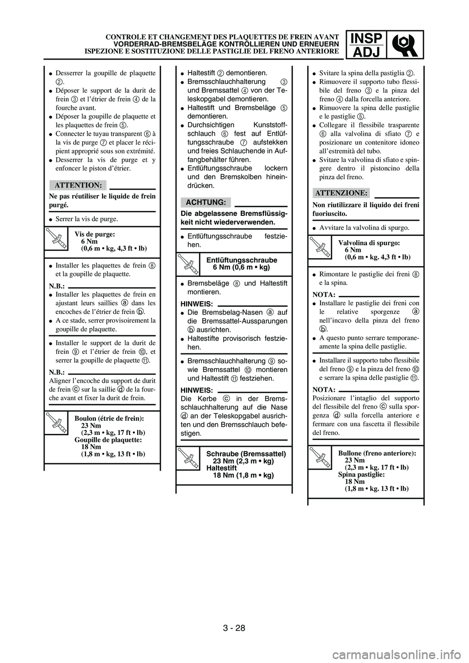 YAMAHA YZ250F 2002  Manuale duso (in Italian) INSP
ADJCONTROLE ET CHANGEMENT DES PLAQUETTES DE FREIN AVANT
VORDERRAD-BREMSBELÄGE KONTROLLIEREN UND ERNEUERN
ISPEZIONE E SOSTITUZIONE DELLE PASTIGLIE DEL FRENO ANTERIORE
Haltestift 2 demontieren.
