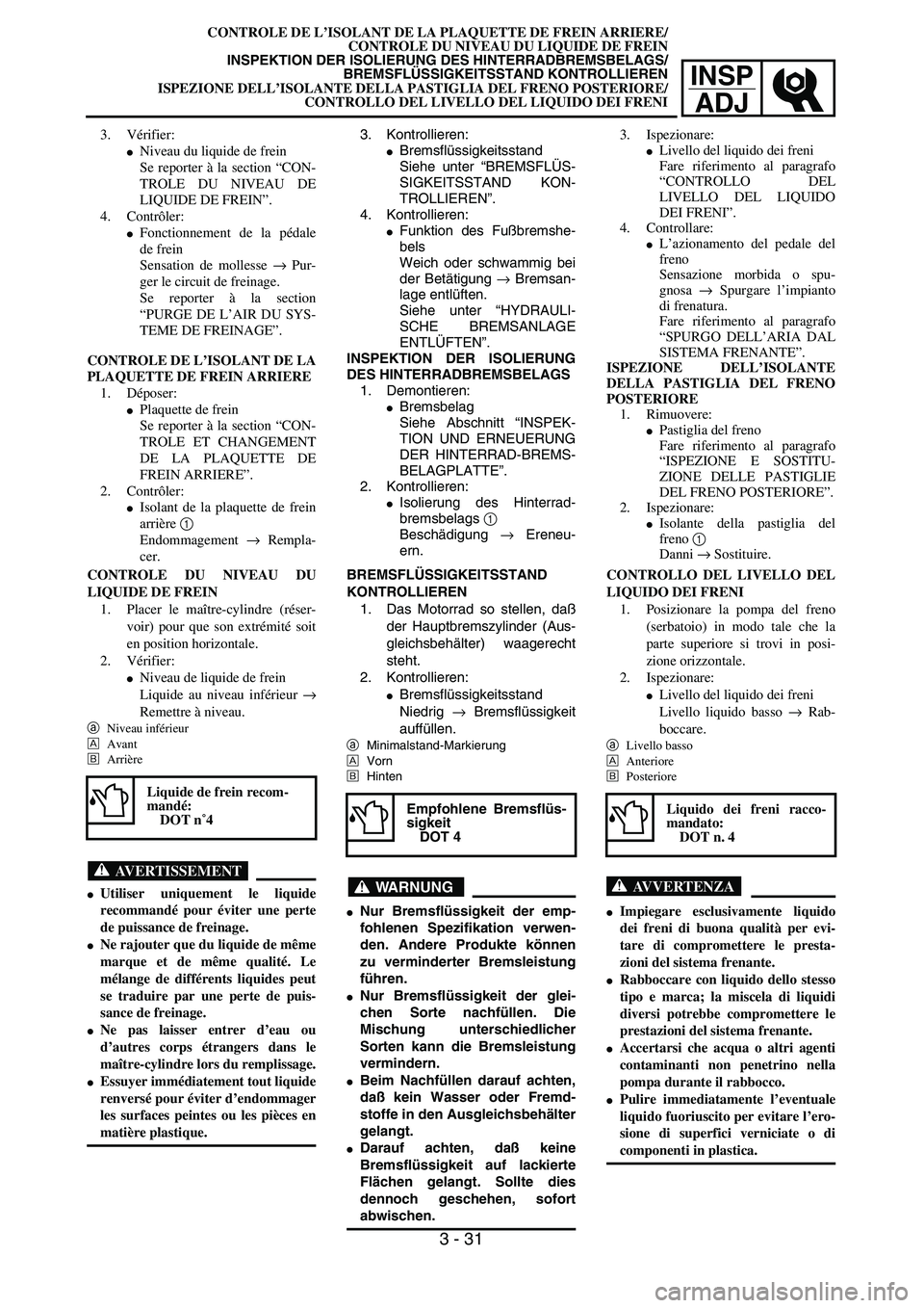 YAMAHA YZ250F 2002  Manuale duso (in Italian) INSP
ADJ
CONTROLE DE L’ISOLANT DE LA PLAQUETTE DE FREIN ARRIERE/
CONTROLE DU NIVEAU DU LIQUIDE DE FREIN
INSPEKTION DER ISOLIERUNG DES HINTERRADBREMSBELAGS/
BREMSFLÜSSIGKEITSSTAND KONTROLLIEREN
ISPE