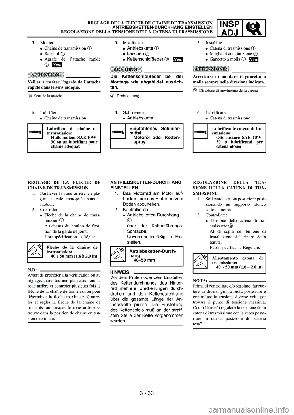 YAMAHA YZ250F 2002  Manuale duso (in Italian) INSP
ADJREGLAGE DE LA FLECHE DE CHAINE DE TRANSMISSION
ANTRIEBSKETTEN-DURCHHANG EINSTELLEN
REGOLAZIONE DELLA TENSIONE DELLA CATENA DI TRASMISSIONE
5. Montieren:
Antriebskette 1 
Laschen 2 
Kettensc