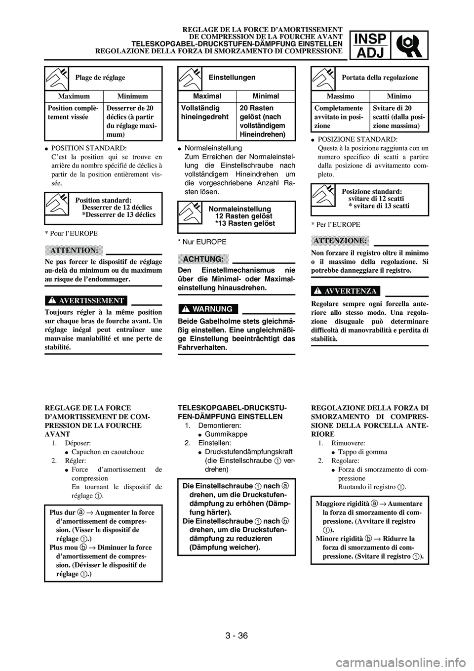 YAMAHA YZ250F 2002  Owners Manual INSP
ADJ
REGLAGE DE LA FORCE D’AMORTISSEMENT
DE COMPRESSION DE LA FOURCHE AVANT
TELESKOPGABEL-DRUCKSTUFEN-DÄMPFUNG EINSTELLEN
REGOLAZIONE DELLA FORZA DI SMORZAMENTO DI COMPRESSIONE
Normaleinstellu