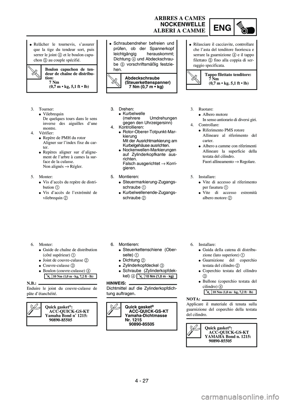 YAMAHA YZ250F 2002  Manuale duso (in Italian) ENG
4 - 27
Schraubendreher befreien und
prüfen, ob der Spannerkopf
leichtgängig herauskommt;
Dichtung 4 und Abdeckschrau-
be 5 vorschriftsmäßig festzie-
hen.
T R..
Abdeckschraube 
(Steuerkettensp