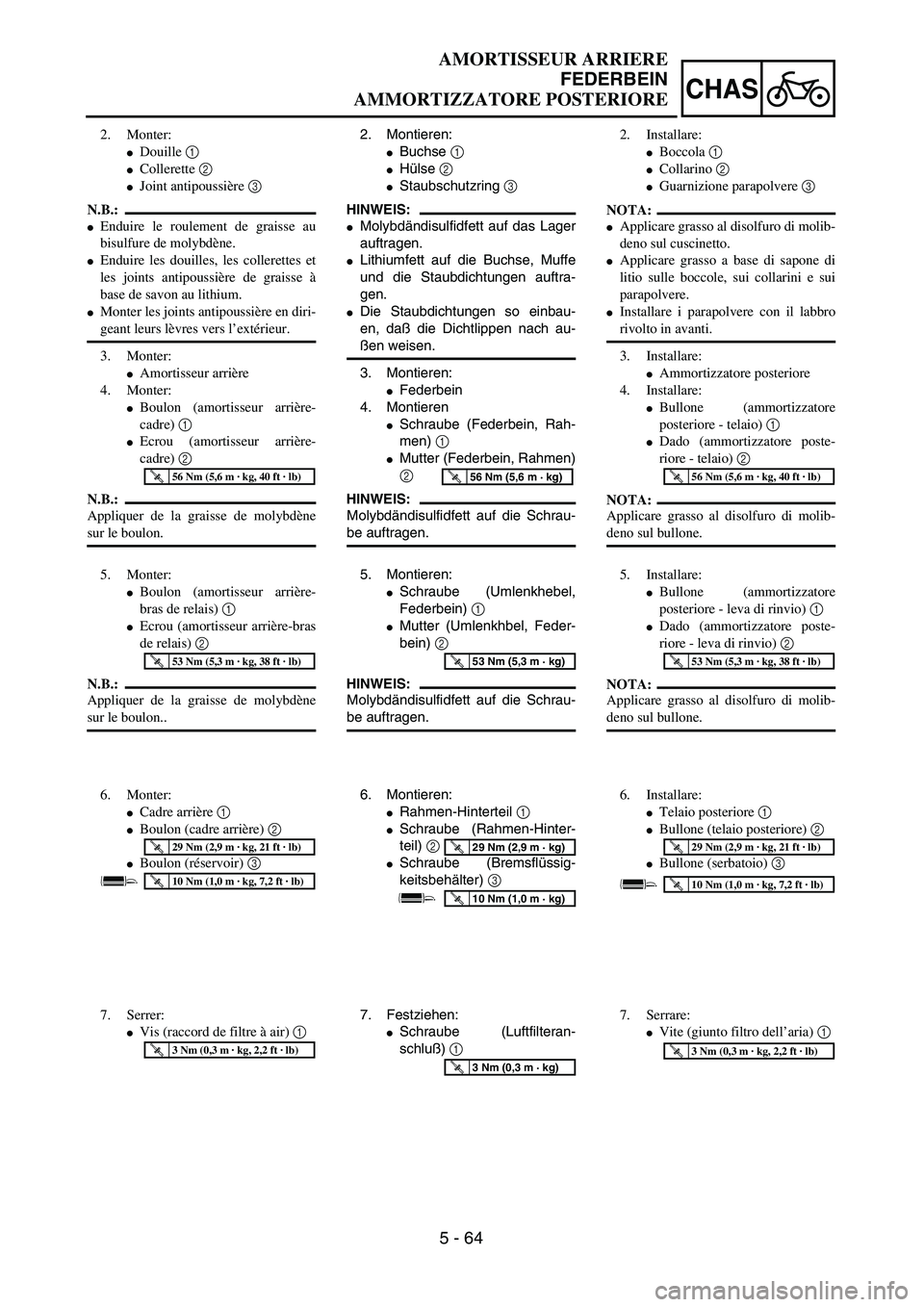 YAMAHA YZ250F 2002  Manuale duso (in Italian) 5 - 64
CHAS
2. Montieren:
Buchse 1 
Hülse 2 
Staubschutzring 3 
HINWEIS:
Molybdändisulfidfett auf das Lager
auftragen.
Lithiumfett auf die Buchse, Muffe
und die Staubdichtungen auftra-
gen.
Di