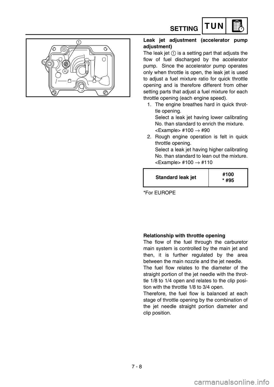 YAMAHA YZ250F 2002  Owners Manual 7 - 8
TUN
Leak jet adjustment (accelerator pump
adjustment) 
The leak jet 1 is a setting part that adjusts the
flow of fuel discharged by the accelerator
pump.  Since the accelerator pump operates
onl
