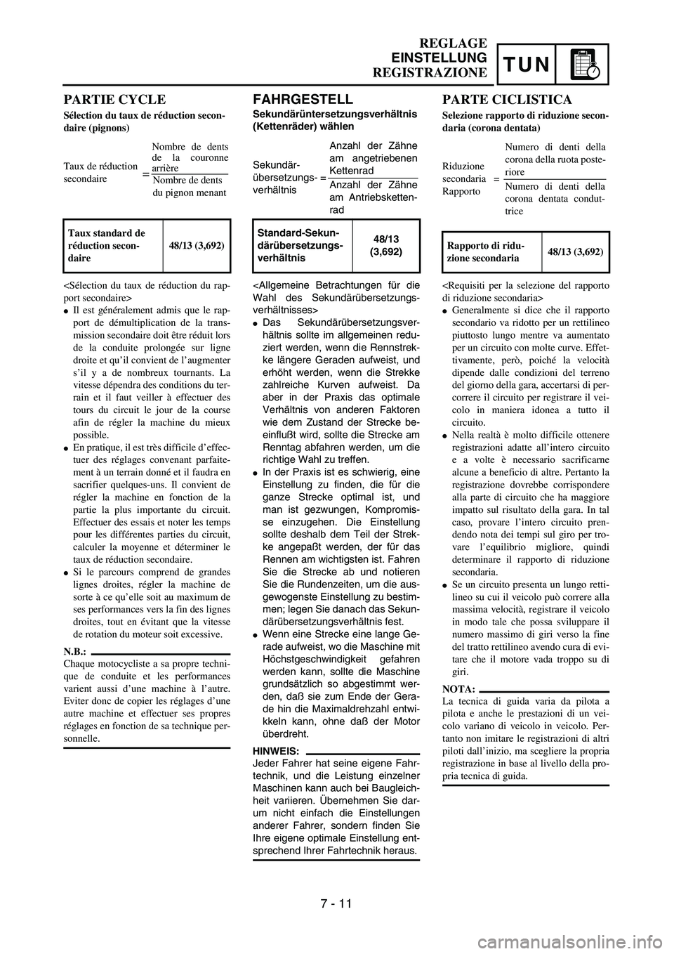 YAMAHA YZ250F 2002  Manuale duso (in Italian) TUN
FAHRGESTELL
Sekundärüntersetzungsverhältnis 
(Kettenräder) wählen
Sekundär- 
übersetzungs- =
verhältnis
<Allgemeine Betrachtungen für die
Wahl des Sekundärübersetzungs-
verhältnisses>
