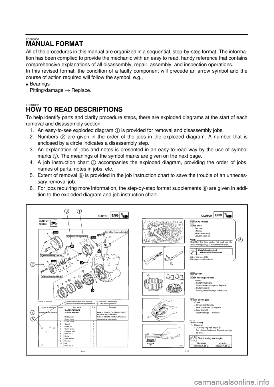 YAMAHA YZ250F 2001 User Guide
EC083000
MANUAL FORMAT
All of the procedures in this manual are organized in a sequential, step-by-step format. The informa-
tion has been complied to provide the mechanic with an easy to read, ha YAMAHA YZ250F 2001 User Guide
EC083000
MANUAL FORMAT
All of the procedures in this manual are organized in a sequential, step-by-step format. The informa-
tion has been complied to provide the mechanic with an easy to read, ha