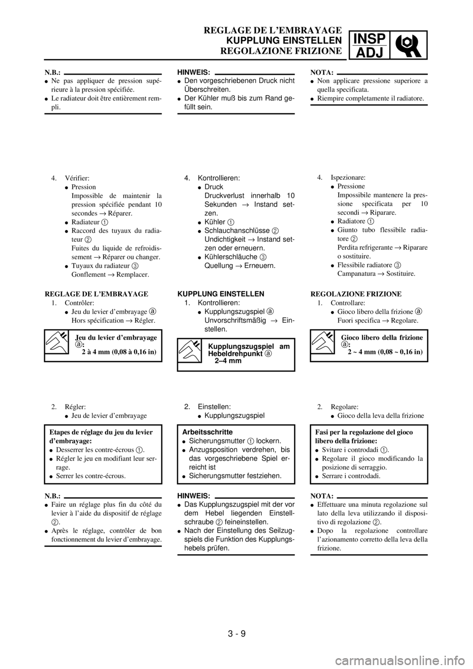 YAMAHA YZ250F 2001  Manuale duso (in Italian) INSP
ADJ
REGLAGE DE L’EMBRAYAGE
KUPPLUNG EINSTELLEN
REGOLAZIONE FRIZIONE
HINWEIS:
lDen vorgeschriebenen Druck nicht
Überschreiten.
lDer Kühler muß bis zum Rand ge-
füllt sein.
4. Kontrollieren:
