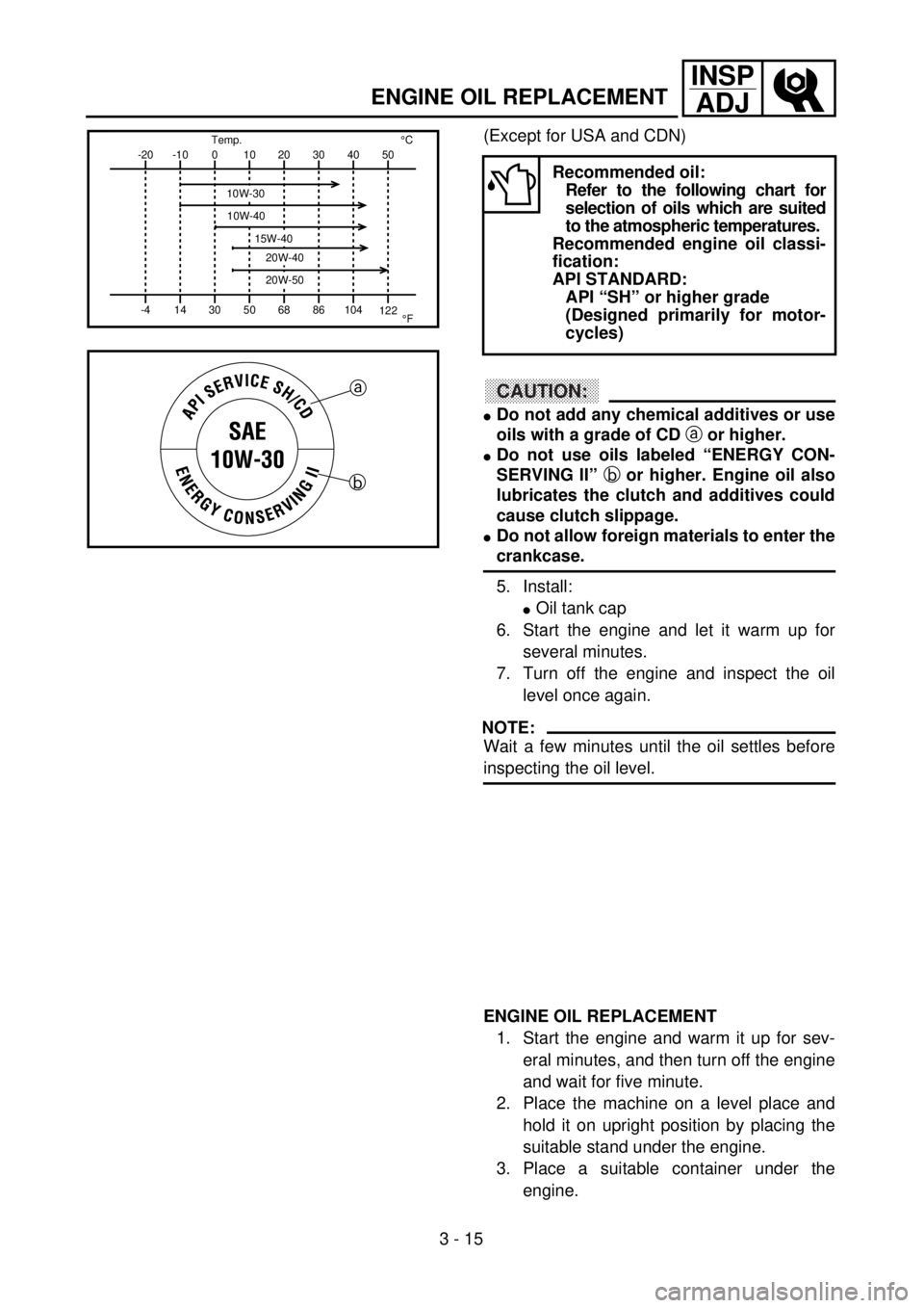 YAMAHA YZ250F 2001 Owners Manual 3 - 15
INSP
ADJ
ENGINE OIL REPLACEMENT
(Except for USA and CDN)
CAUTION:
lDo not add any chemical additives or use
oils with a grade of CD a or higher.
lDo not use oils labeled “ENERGY CON-
SERVING YAMAHA YZ250F 2001 Owners Manual 3 - 15
INSP
ADJ
ENGINE OIL REPLACEMENT
(Except for USA and CDN)
CAUTION:
lDo not add any chemical additives or use
oils with a grade of CD a or higher.
lDo not use oils labeled “ENERGY CON-
SERVING