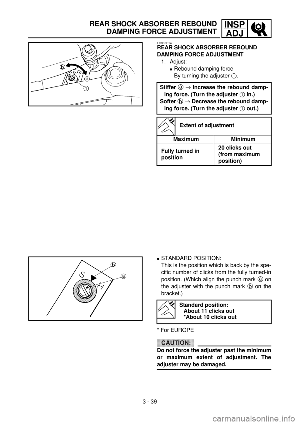 YAMAHA YZ250F 2001 Owners Manual 3 - 39
INSP
ADJREAR SHOCK ABSORBER REBOUND
DAMPING FORCE ADJUSTMENT
EC36N014
REAR SHOCK ABSORBER REBOUND
DAMPING FORCE ADJUSTMENT
1. Adjust:
lRebound damping force
By turning the adjuster 1.
Stiffer YAMAHA YZ250F 2001 Owners Manual 3 - 39
INSP
ADJREAR SHOCK ABSORBER REBOUND
DAMPING FORCE ADJUSTMENT
EC36N014
REAR SHOCK ABSORBER REBOUND
DAMPING FORCE ADJUSTMENT
1. Adjust:
lRebound damping force
By turning the adjuster 1.
Stiffer