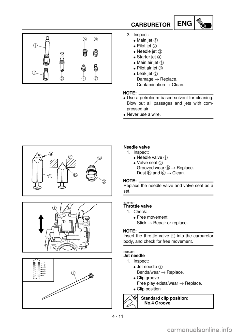 YAMAHA YZ250F 2001  Owners Manual 4 - 11
ENGCARBURETOR
2. Inspect:
lMain jet 1 
lPilot jet 2 
lNeedle jet 3 
lStarter jet 4 
lMain air jet 5 
lPilot air jet 6 
lLeak jet 7 
Damage ® Replace.
Contamination ® Clean.
NOTE:
lUse a petro
