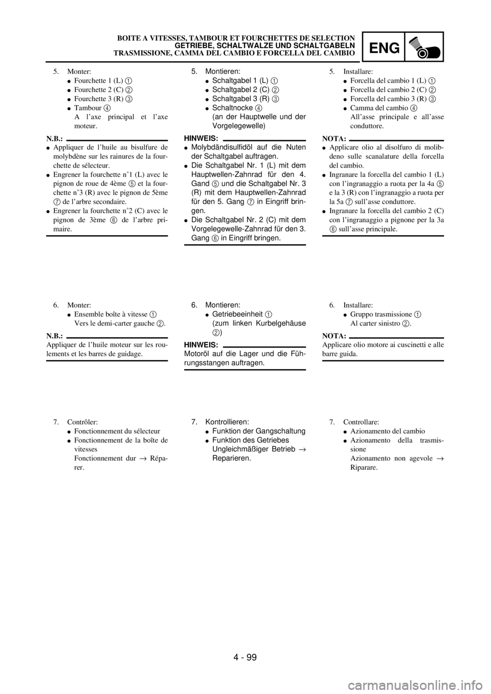 YAMAHA YZ250F 2001 Notices Demploi (in French) ENG
4 - 99
5. Montieren:
lSchaltgabel 1 (L) 1
lSchaltgabel 2 (C) 2
lSchaltgabel 3 (R) 3
lSchaltnocke 4
(an der Hauptwelle und der
Vorgelegewelle)
HINWEIS:
lMolybdändisulfidöl auf die Nuten
der Scha YAMAHA YZ250F 2001 Notices Demploi (in French) ENG
4 - 99
5. Montieren:
lSchaltgabel 1 (L) 1
lSchaltgabel 2 (C) 2
lSchaltgabel 3 (R) 3
lSchaltnocke 4
(an der Hauptwelle und der
Vorgelegewelle)
HINWEIS:
lMolybdändisulfidöl auf die Nuten
der Scha