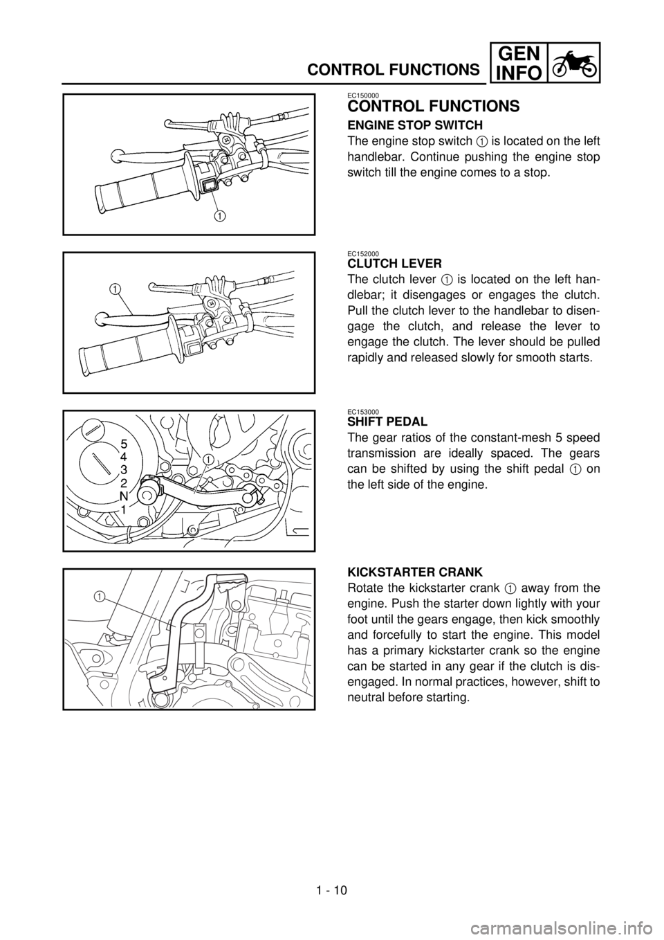 YAMAHA YZ250F 2001 Owners Manual 1 - 10
GEN
INFO
CONTROL FUNCTIONS
EC150000
CONTROL FUNCTIONS
ENGINE STOP SWITCH
The engine stop switch 1 is located on the left
handlebar. Continue pushing the engine stop
switch till the engine comes YAMAHA YZ250F 2001 Owners Manual 1 - 10
GEN
INFO
CONTROL FUNCTIONS
EC150000
CONTROL FUNCTIONS
ENGINE STOP SWITCH
The engine stop switch 1 is located on the left
handlebar. Continue pushing the engine stop
switch till the engine comes