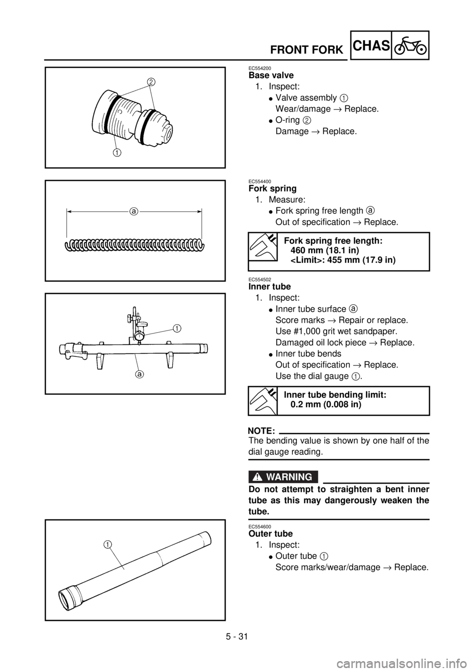 YAMAHA YZ250F 2001  Notices Demploi (in French) 5 - 31
CHAS
EC554200
Base valve
1. Inspect:
lValve assembly 1 
Wear/damage ® Replace.
lO-ring 2 
Damage ® Replace.
EC554400
Fork spring
1. Measure:
lFork spring free length a 
Out of specification 