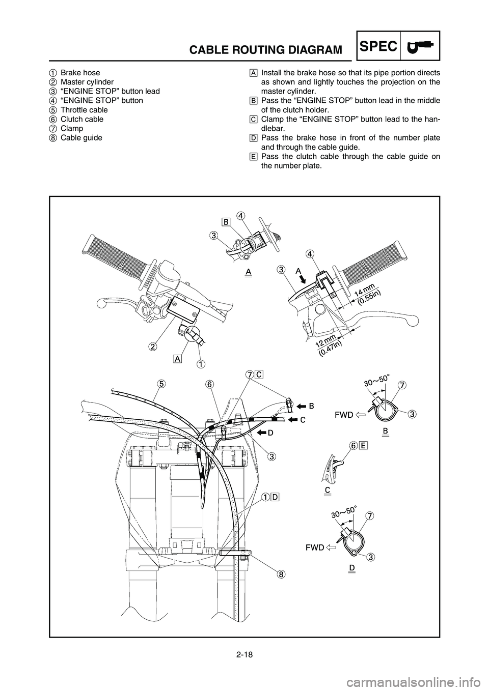 YAMAHA YZ250LC 2007 Notices Demploi (in French) SPEC
2-18
CABLE ROUTING DIAGRAM
1Brake hose
2Master cylinder
3“ENGINE STOP” button lead
4“ENGINE STOP” button
5Throttle cable
6Clutch cable
7Clamp
8Cable guideAInstall the brake hose so that i YAMAHA YZ250LC 2007 Notices Demploi (in French) SPEC
2-18
CABLE ROUTING DIAGRAM
1Brake hose
2Master cylinder
3“ENGINE STOP” button lead
4“ENGINE STOP” button
5Throttle cable
6Clutch cable
7Clamp
8Cable guideAInstall the brake hose so that i