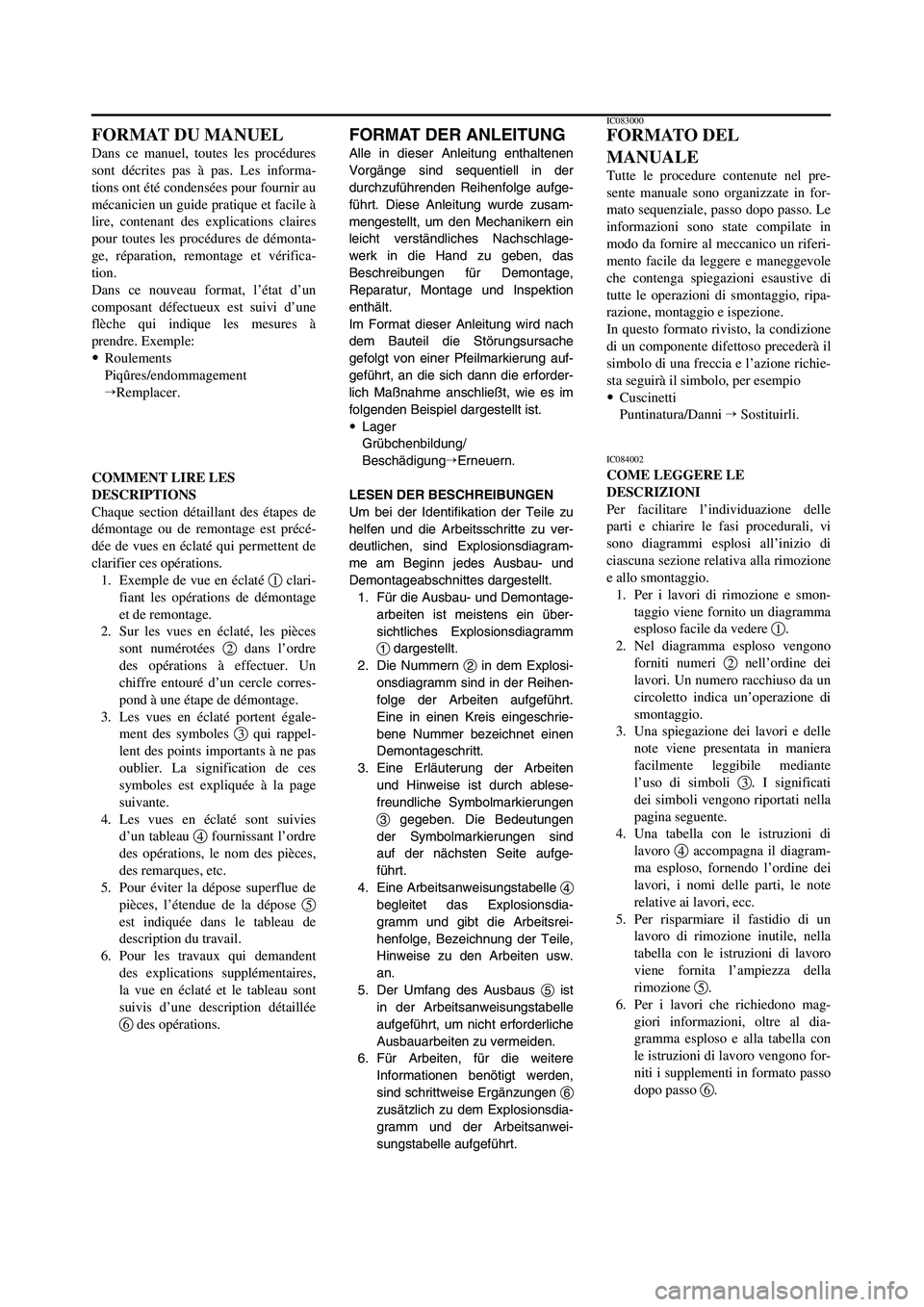 YAMAHA YZ250LC 2007  Notices Demploi (in French) FORMAT DER ANLEITUNG
Alle in dieser Anleitung enthaltenen
Vorgänge sind sequentiell in der
durchzuführenden Reihenfolge aufge-
führt. Diese Anleitung wurde zusam-
mengestellt, um den Mechanikern ei