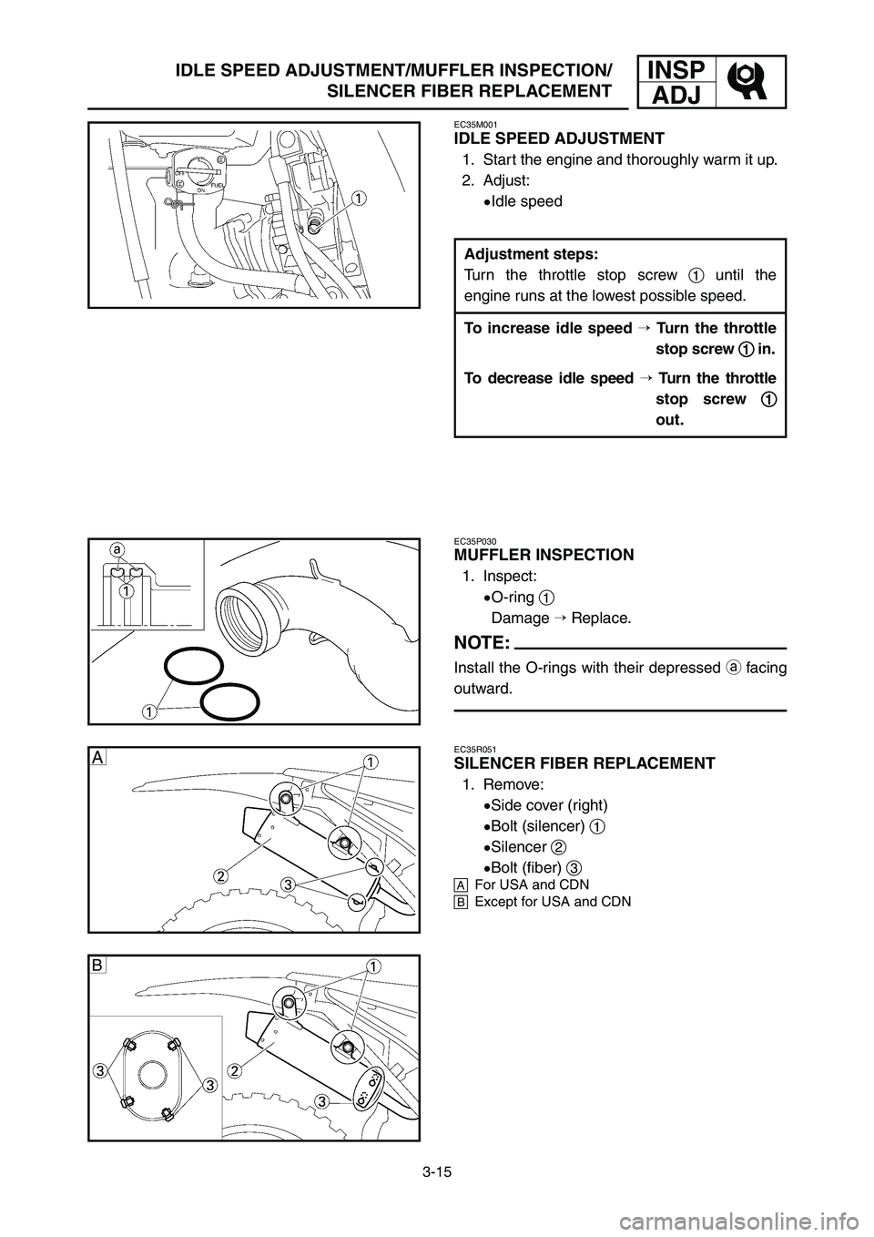 YAMAHA YZ250LC 2007 Notices Demploi (in French) INSP
ADJ
3-15
IDLE SPEED ADJUSTMENT/MUFFLER INSPECTION/
SILENCER FIBER REPLACEMENT
EC35M001
IDLE SPEED ADJUSTMENT
1. Start the engine and thoroughly warm it up.
2. Adjust:
9Idle speed
EC35P030
MUFFLER YAMAHA YZ250LC 2007 Notices Demploi (in French) INSP
ADJ
3-15
IDLE SPEED ADJUSTMENT/MUFFLER INSPECTION/
SILENCER FIBER REPLACEMENT
EC35M001
IDLE SPEED ADJUSTMENT
1. Start the engine and thoroughly warm it up.
2. Adjust:
9Idle speed
EC35P030
MUFFLER
