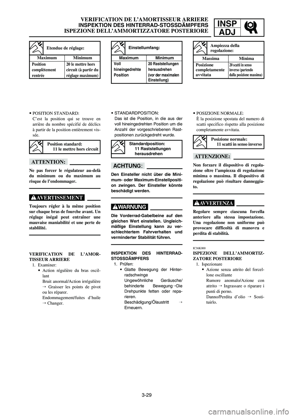 YAMAHA YZ250LC 2007  Owners Manual 3-29
VERIFICATION DE L’AMORTISSEUR ARRIERE
INSPEKTION DES HINTERRAD-STOSSDÄMPFERS
ISPEZIONE DELL’AMMORTIZZATORE POSTERIORE
INSP
ADJ
9STANDARDPOSITION:
Das ist die Position, in die aus der
voll hi