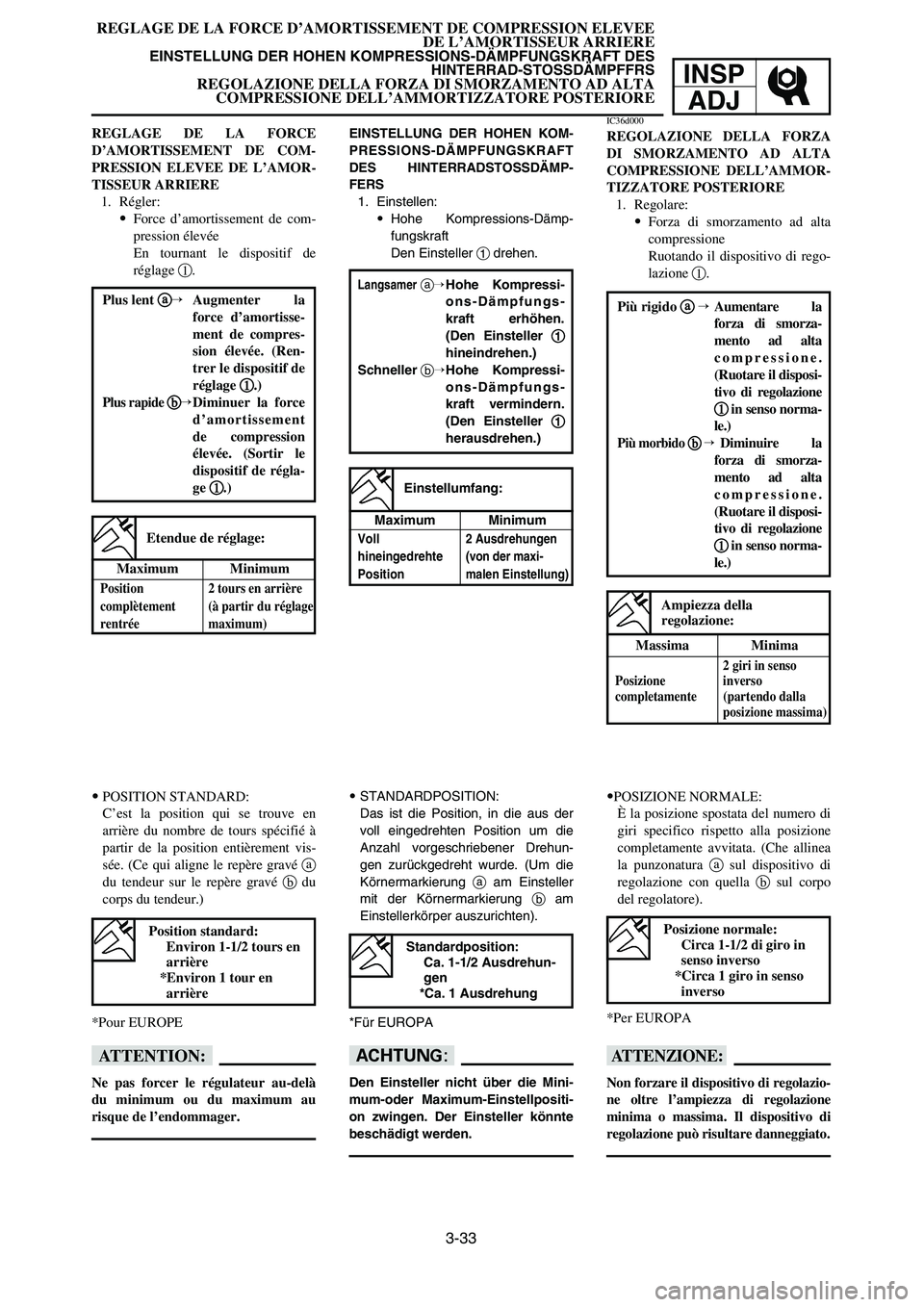 YAMAHA YZ250LC 2007  Notices Demploi (in French) 3-33
REGLAGE DE LA FORCE D’AMORTISSEMENT DE COMPRESSION ELEVEE
DE L’AMORTISSEUR ARRIERE
EINSTELLUNG DER HOHEN KOMPRESSIONS-DÄMPFUNGSKRAFT DES 
HINTERRAD-STOSSDÄMPFFRS
REGOLAZIONE DELLA FORZA DI 