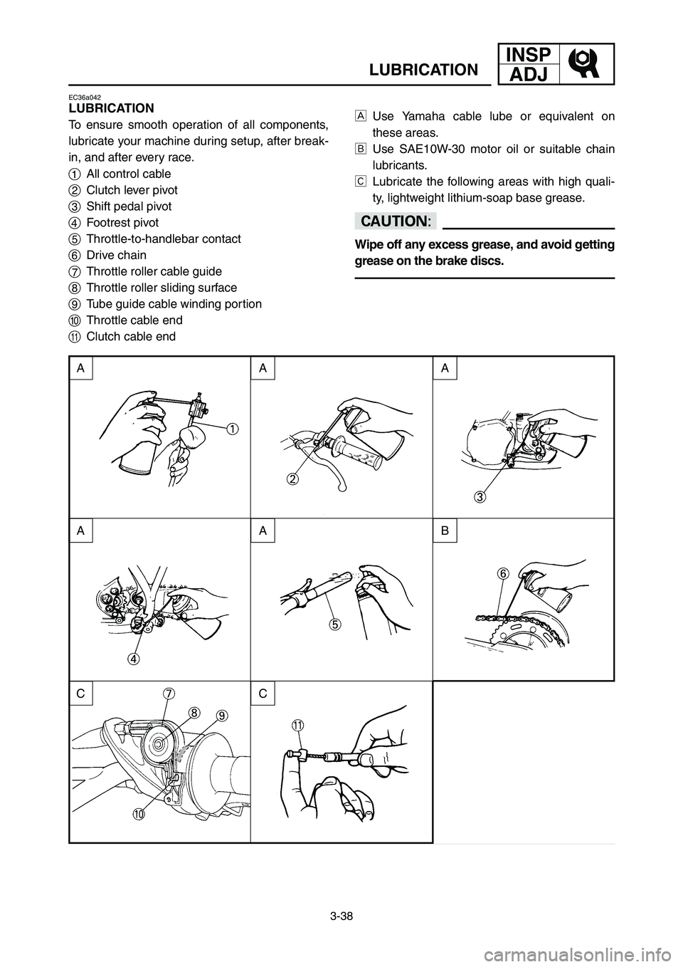 YAMAHA YZ250LC 2007  Owners Manual 3-38
LUBRICATION
INSP
ADJ
EC36a042
LUBRICATION
To ensure smooth operation of all components,
lubricate your machine during setup, after break-
in, and after every race.
1All control cable
2Clutch leve