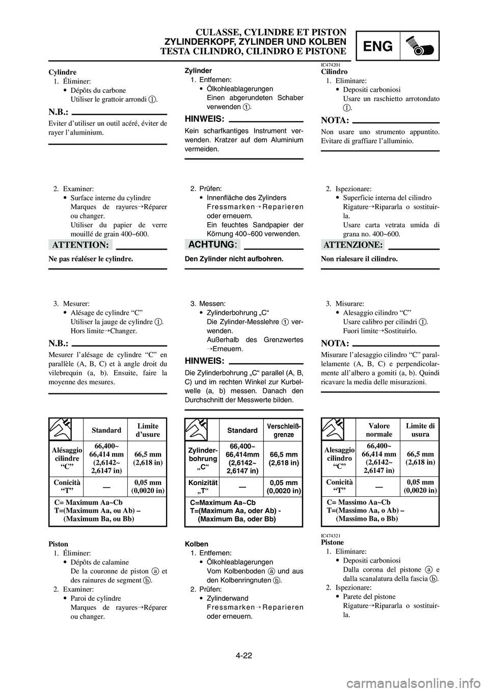 YAMAHA YZ250LC 2007  Notices Demploi (in French) 4-22
CULASSE, CYLINDRE ET PISTON
ZYLINDERKOPF, ZYLINDER UND KOLBEN
TESTA CILINDRO, CILINDRO E PISTONEENG
Cylindre
1. Éliminer:
9Dépôts du carbone
Utiliser le grattoir arrondi 1.
N.B.:
Eviter d’ut