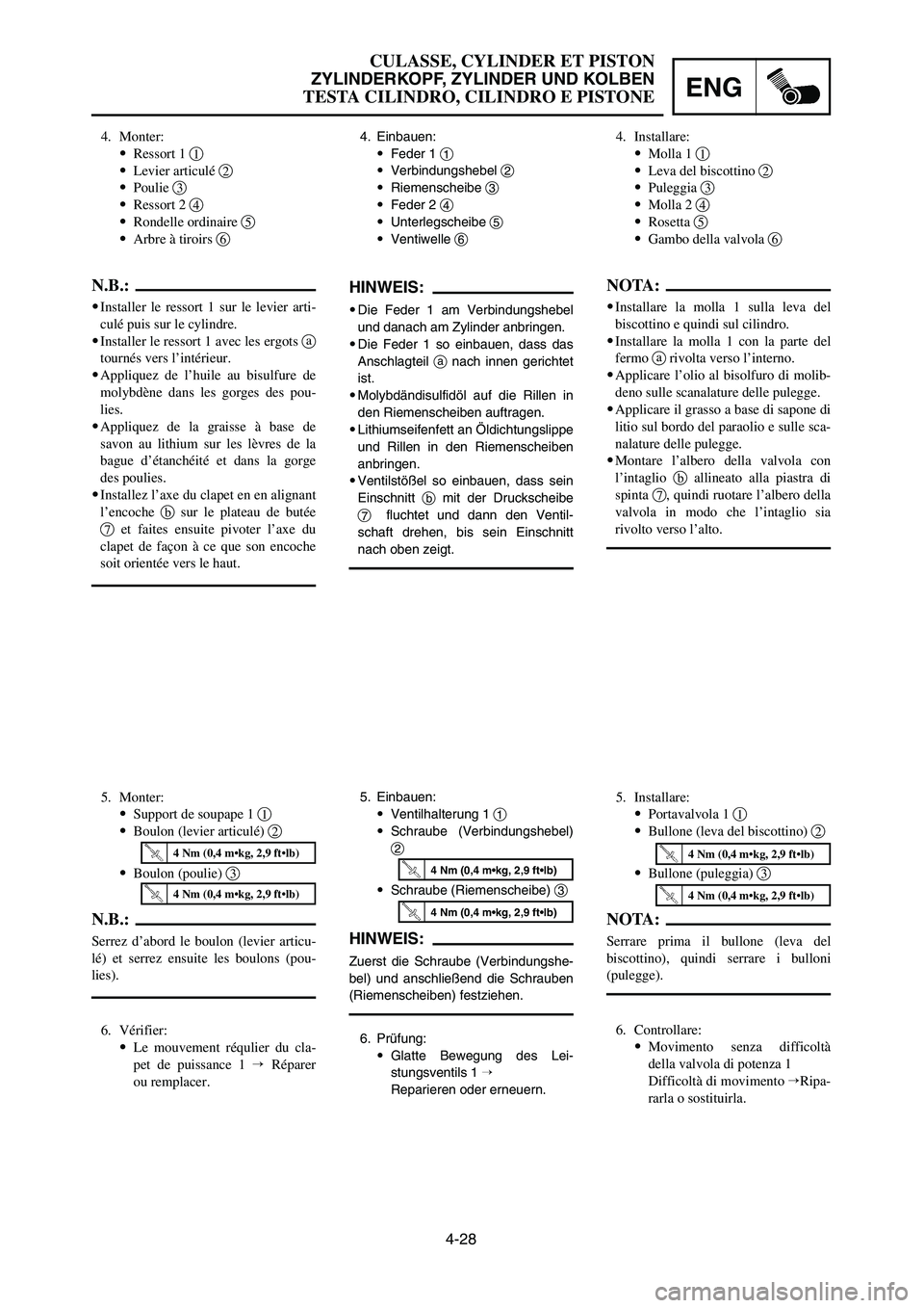 YAMAHA YZ250LC 2007  Notices Demploi (in French) 4-28
CULASSE, CYLINDER ET PISTON
ZYLINDERKOPF, ZYLINDER UND KOLBEN
TESTA CILINDRO, CILINDRO E PISTONEENG
4. Monter:
9Ressort 1 1
9Levier articulé 2
9Poulie 3
9Ressort 2 4
9Rondelle ordinaire 5
9Arbre