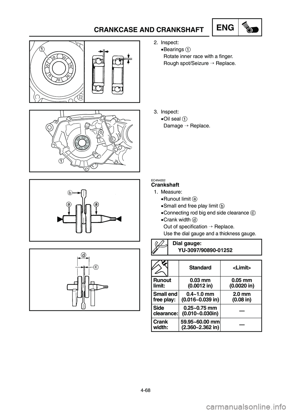 YAMAHA YZ250LC 2007  Notices Demploi (in French) 4-68
CRANKCASE AND CRANKSHAFTENG
Standard <Limit>
Runout  0.03 mm  0.05 mm 
limit: (0.0012 in) (0.0020 in)
Small end  0.4~1.0 mm  2.0 mm 
free play: (0.016~0.039 in) (0.08 in)
Side 0.25~0.75 mm 
—
c