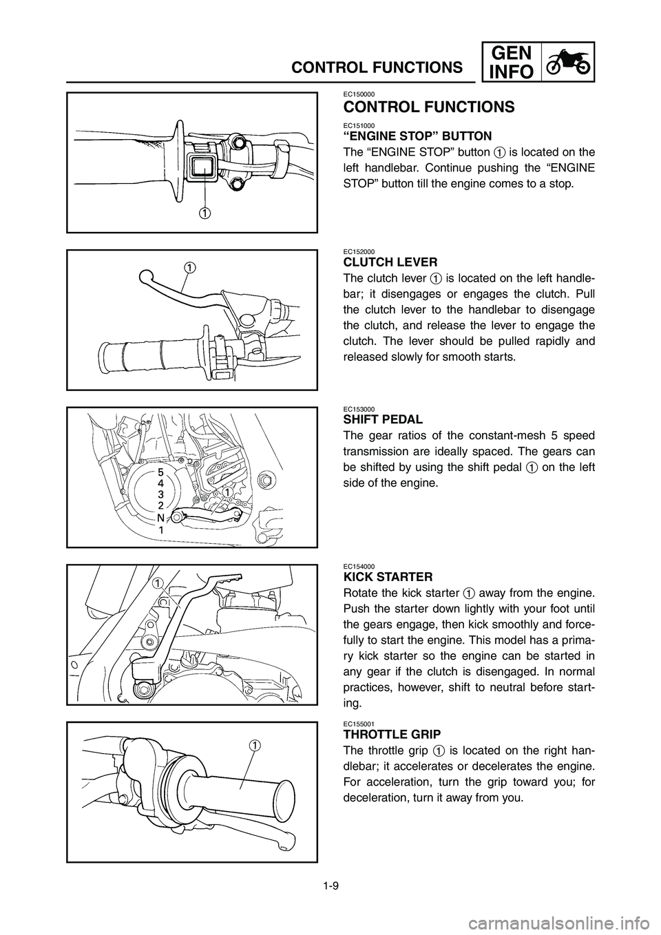 YAMAHA YZ250LC 2007  Manuale duso (in Italian) 1-9
CONTROL FUNCTIONS
GEN
INFO
EC150000
CONTROL FUNCTIONS
EC151000
“ENGINE STOP” BUTTON
The “ENGINE STOP” button 1is located on the
left handlebar. Continue pushing the “ENGINE
STOP” butto