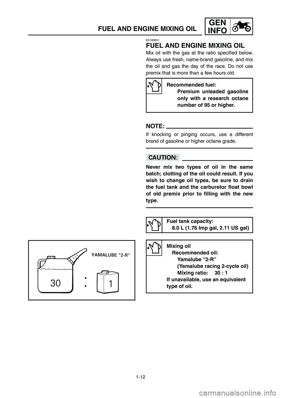 YAMAHA YZ250LC 2007  Manuale duso (in Italian) 1-12
FUEL AND ENGINE MIXING OIL
GEN
INFO
EC160051
FUEL AND ENGINE MIXING OIL
Mix oil with the gas at the ratio specified below.
Always use fresh, name-brand gasoline, and mix
the oil and gas the day o