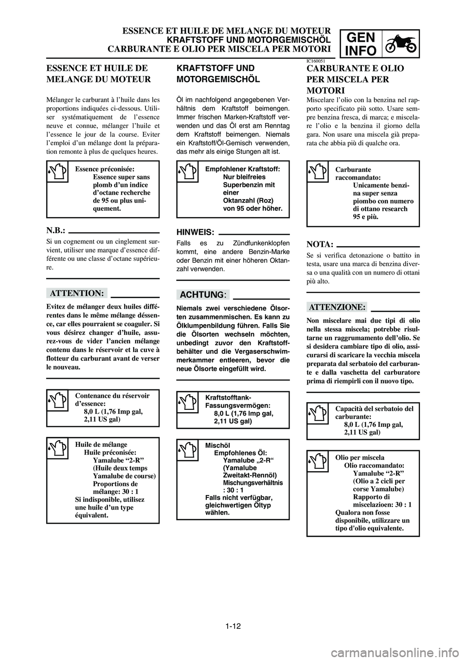 YAMAHA YZ250LC 2007  Manuale duso (in Italian) 1-12
ESSENCE ET HUILE DE MELANGE DU MOTEUR
KRAFTSTOFF UND MOTORGEMISCHÖL
CARBURANTE E OLIO PER MISCELA PER MOTORI
GEN
INFO
KRAFTSTOFF UND
MOTORGEMISCHÖL
Öl im nachfolgend angegebenen Ver-
hältnis 