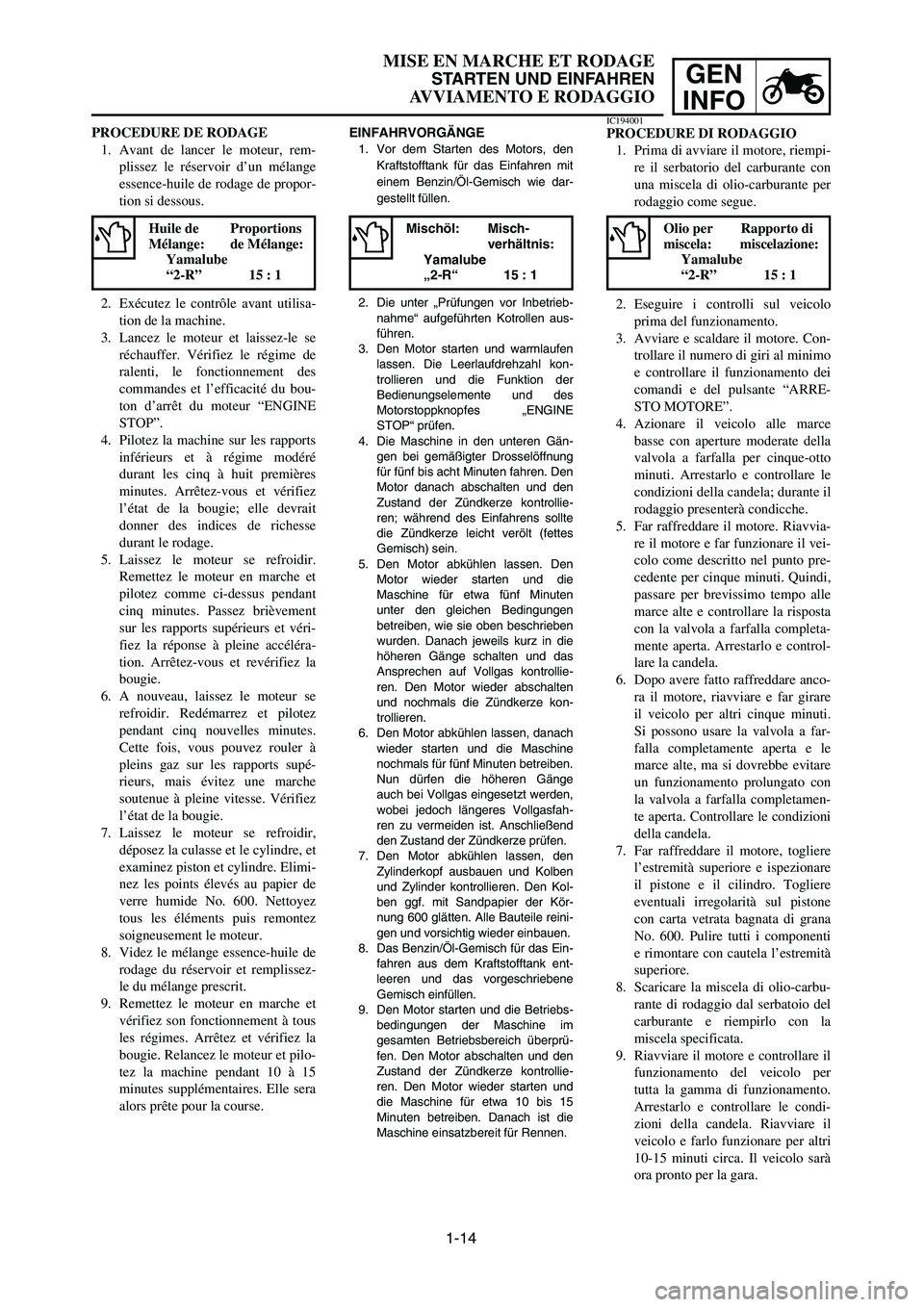 YAMAHA YZ250LC 2007  Manuale duso (in Italian) 1-14
MISE EN MARCHE ET RODAGE
STARTEN UND EINFAHREN
AVVIAMENTO E RODAGGIO
GEN
INFO
EINFAHRVORGÄNGE
1. Vor dem Starten des Motors, den
Kraftstofftank für das Einfahren mit
einem Benzin/Öl-Gemisch wi