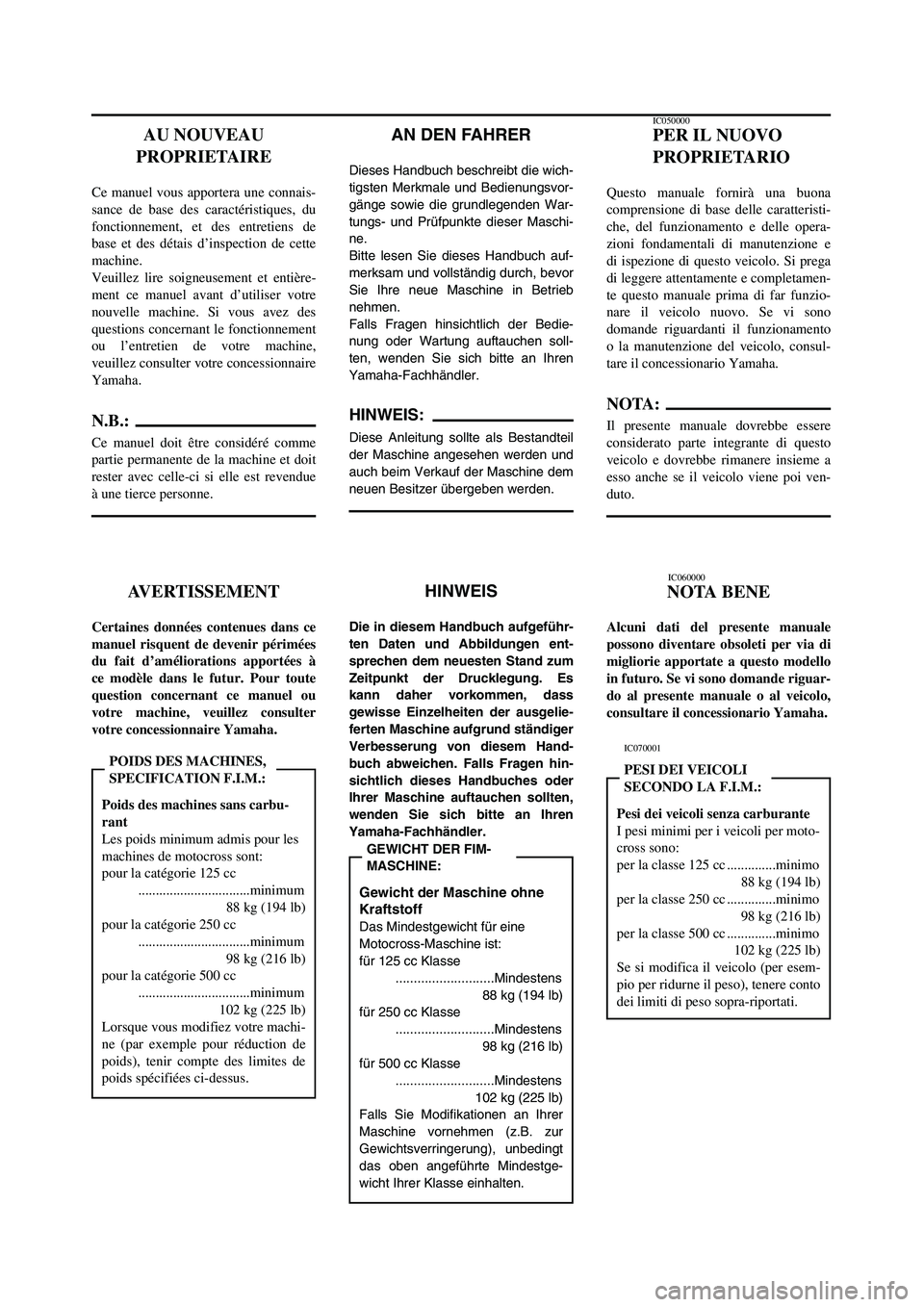 YAMAHA YZ250LC 2006 Notices Demploi (in French) AN DEN FAHRER
Dieses Handbuch beschreibt die wich-
tigsten Merkmale und Bedienungsvor-
gänge sowie die grundlegenden War-
tungs- und Prüfpunkte dieser Maschi-
ne.
Bitte lesen Sie dieses Handbuch auf YAMAHA YZ250LC 2006 Notices Demploi (in French) AN DEN FAHRER
Dieses Handbuch beschreibt die wich-
tigsten Merkmale und Bedienungsvor-
gänge sowie die grundlegenden War-
tungs- und Prüfpunkte dieser Maschi-
ne.
Bitte lesen Sie dieses Handbuch auf