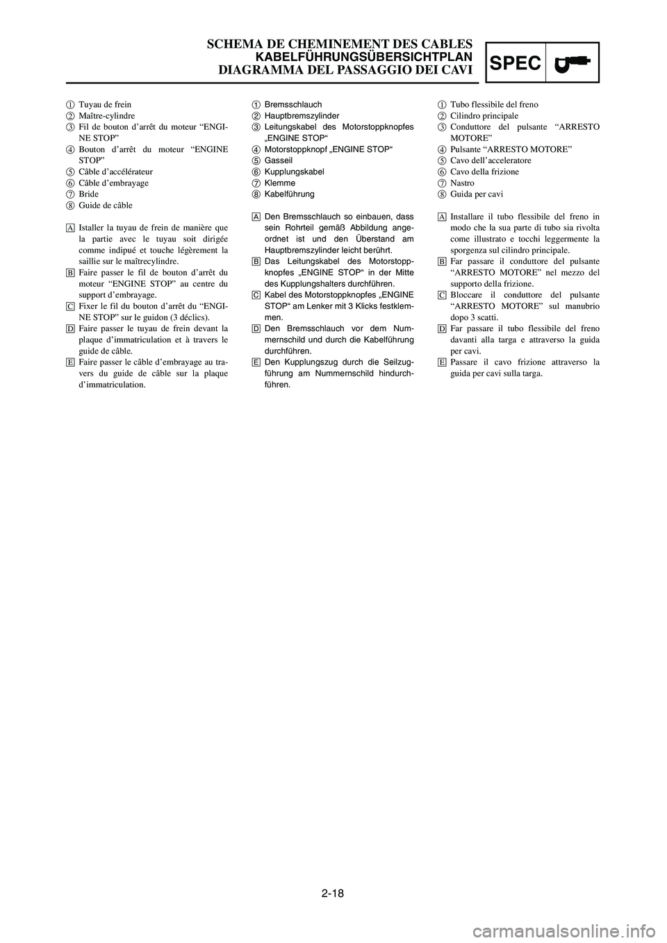 YAMAHA YZ250LC 2006 Owners Manual SPEC
2-18
SCHEMA DE CHEMINEMENT DES CABLES
KABELFÜHRUNGSÜBERSICHTPLAN
DIAGRAMMA DEL PASSAGGIO DEI CAVI
1Bremsschlauch
2Hauptbremszylinder
3Leitungskabel des Motorstoppknopfes
„ENGINE STOP“
4Moto YAMAHA YZ250LC 2006 Owners Manual SPEC
2-18
SCHEMA DE CHEMINEMENT DES CABLES
KABELFÜHRUNGSÜBERSICHTPLAN
DIAGRAMMA DEL PASSAGGIO DEI CAVI
1Bremsschlauch
2Hauptbremszylinder
3Leitungskabel des Motorstoppknopfes
„ENGINE STOP“
4Moto
