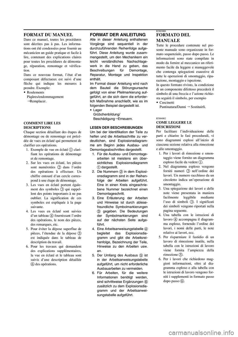 YAMAHA YZ250LC 2006 Notices Demploi (in French) FORMAT DER ANLEITUNG
Alle in dieser Anleitung enthaltenen
Vorgänge sind sequentiell in der
durchzuführenden Reihenfolge aufge-
führt. Diese Anleitung wurde zusam-
mengestellt, um den Mechanikern ei YAMAHA YZ250LC 2006 Notices Demploi (in French) FORMAT DER ANLEITUNG
Alle in dieser Anleitung enthaltenen
Vorgänge sind sequentiell in der
durchzuführenden Reihenfolge aufge-
führt. Diese Anleitung wurde zusam-
mengestellt, um den Mechanikern ei