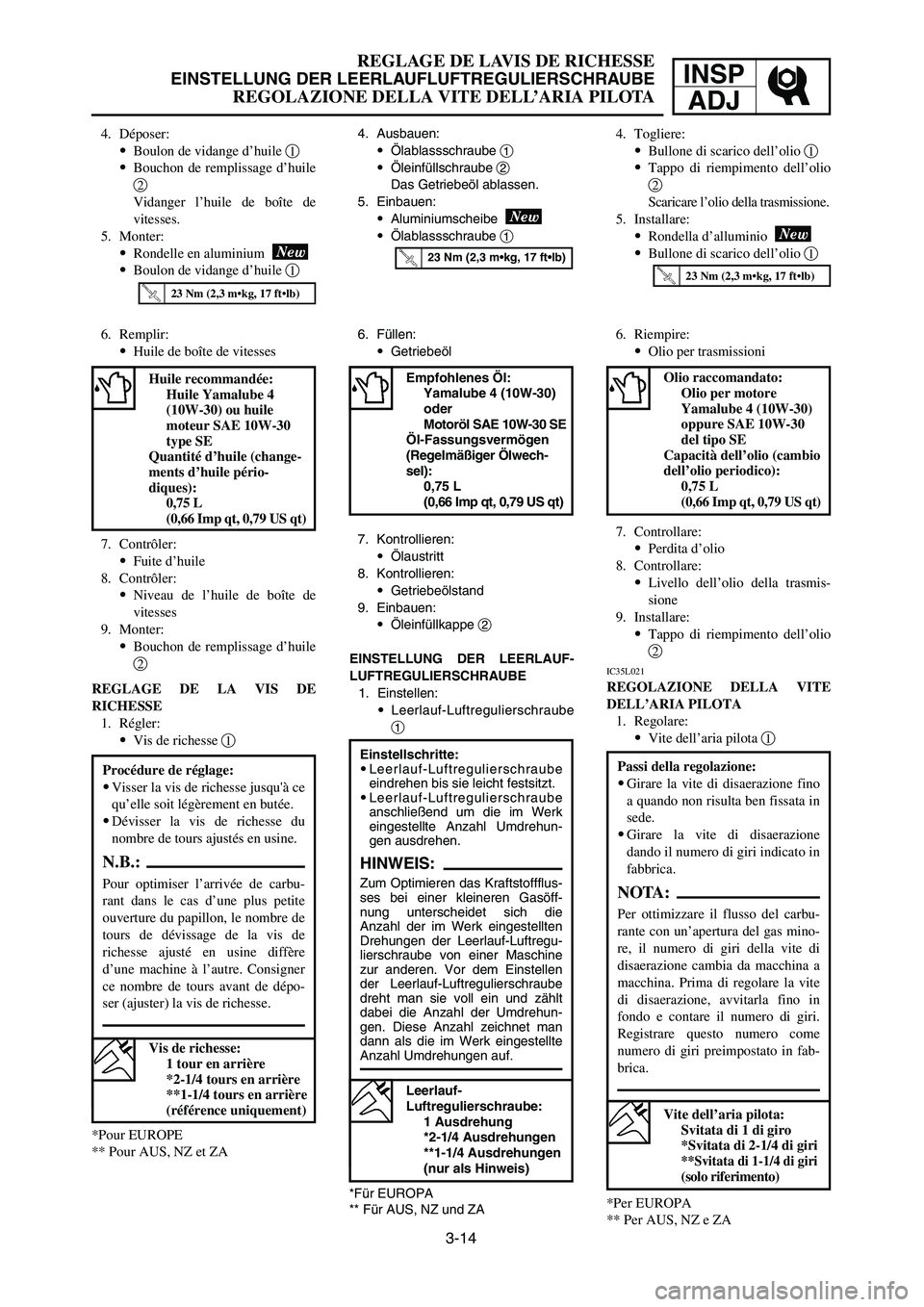 YAMAHA YZ250LC 2006 Notices Demploi (in French) 3-14
REGLAGE DE LAVIS DE RICHESSE
EINSTELLUNG DER LEERLAUFLUFTREGULIERSCHRAUBE
REGOLAZIONE DELLA VITE DELL’ARIA PILOTA
INSP
ADJ
6. Füllen:
9Getriebeöl
7. Kontrollieren:
9Ölaustritt
8. Kontrollier YAMAHA YZ250LC 2006 Notices Demploi (in French) 3-14
REGLAGE DE LAVIS DE RICHESSE
EINSTELLUNG DER LEERLAUFLUFTREGULIERSCHRAUBE
REGOLAZIONE DELLA VITE DELL’ARIA PILOTA
INSP
ADJ
6. Füllen:
9Getriebeöl
7. Kontrollieren:
9Ölaustritt
8. Kontrollier