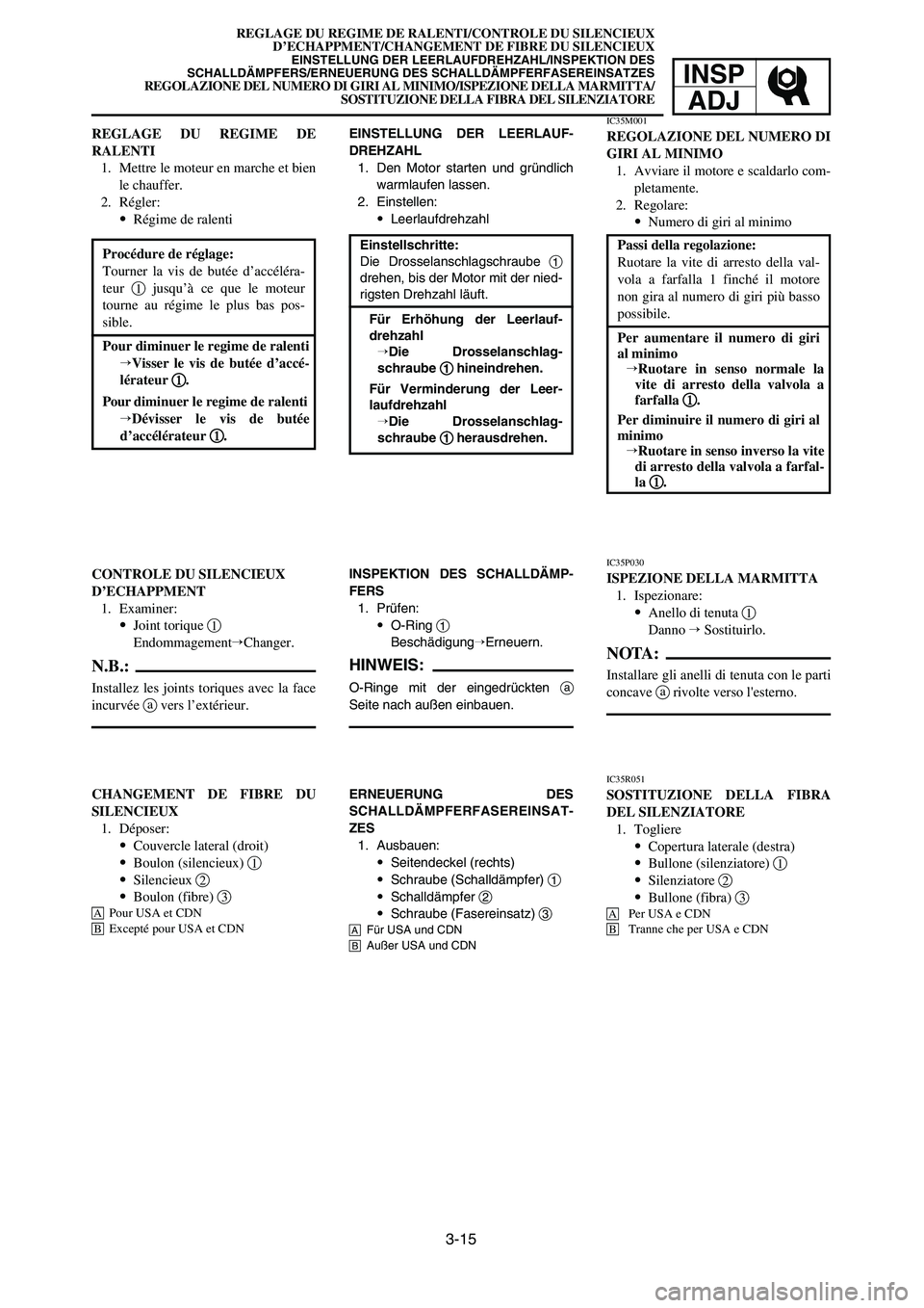 YAMAHA YZ250LC 2006 Notices Demploi (in French) 3-15
REGLAGE DU REGIME DE RALENTI/CONTROLE DU SILENCIEUX
D’ECHAPPMENT/CHANGEMENT DE FIBRE DU SILENCIEUX
EINSTELLUNG DER LEERLAUFDREHZAHL/INSPEKTION DES
SCHALLDÄMPFERS/ERNEUERUNG DES SCHALLDÄMPFERF YAMAHA YZ250LC 2006 Notices Demploi (in French) 3-15
REGLAGE DU REGIME DE RALENTI/CONTROLE DU SILENCIEUX
D’ECHAPPMENT/CHANGEMENT DE FIBRE DU SILENCIEUX
EINSTELLUNG DER LEERLAUFDREHZAHL/INSPEKTION DES
SCHALLDÄMPFERS/ERNEUERUNG DES SCHALLDÄMPFERF