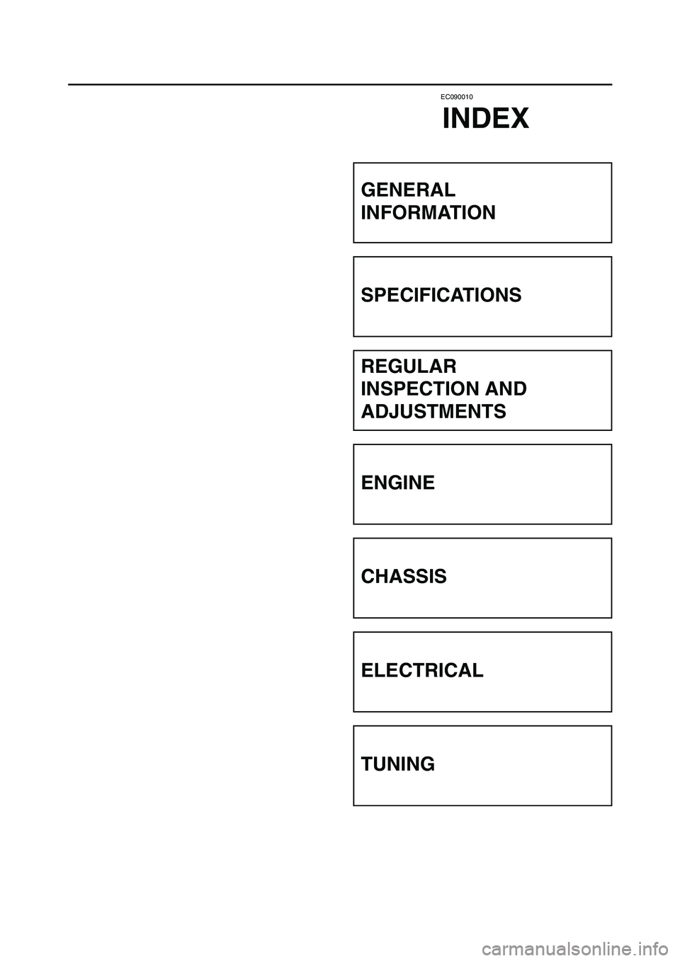YAMAHA YZ250LC 2006 Notices Demploi (in French) EC090010
INDEX
GENERAL
INFORMATION
SPECIFICATIONS
REGULAR
INSPECTION AND
ADJUSTMENTS
ENGINE
CHASSIS
ELECTRICAL
TUNING
1P8-9-31-0 5/12/05 10:58 AM Page 16 YAMAHA YZ250LC 2006 Notices Demploi (in French) EC090010
INDEX
GENERAL
INFORMATION
SPECIFICATIONS
REGULAR
INSPECTION AND
ADJUSTMENTS
ENGINE
CHASSIS
ELECTRICAL
TUNING
1P8-9-31-0 5/12/05 10:58 AM Page 16